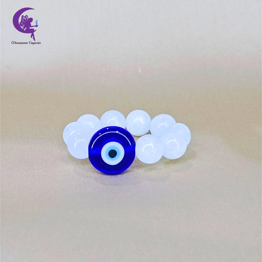 Evil Eye Moonstone Beaded Ring – Protection, Intuition & Divine Energy