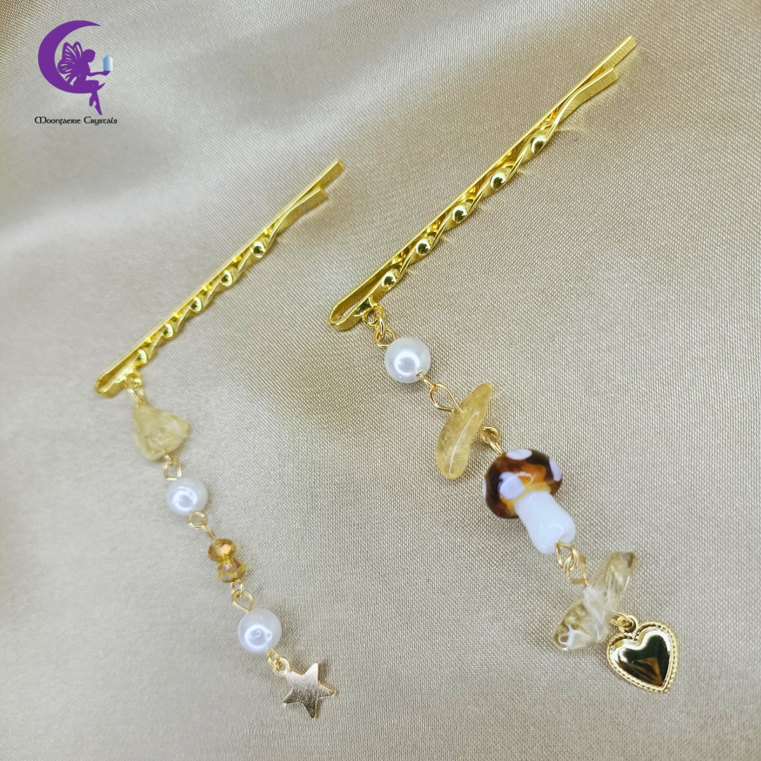 Twinkling Fairy Mushroom Gemstone Hair Pins - Gold Rutilated Quartz