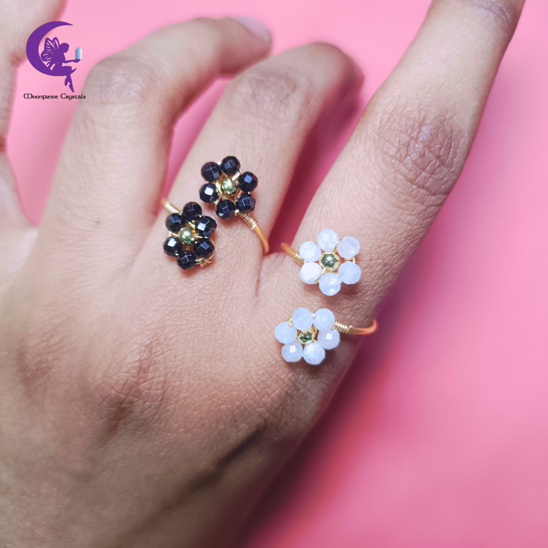 Yin & Yang Flower Rings Set 🌸 - Moonstone & Black Spinel