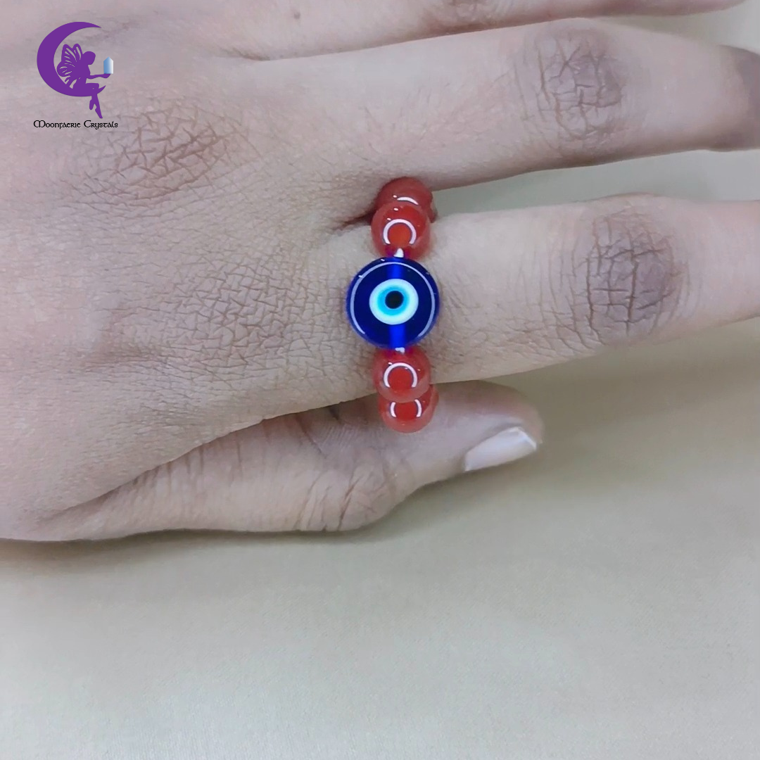 Evil Eye Carnelian Beaded Ring – Protection, Passion & Fearless Energy