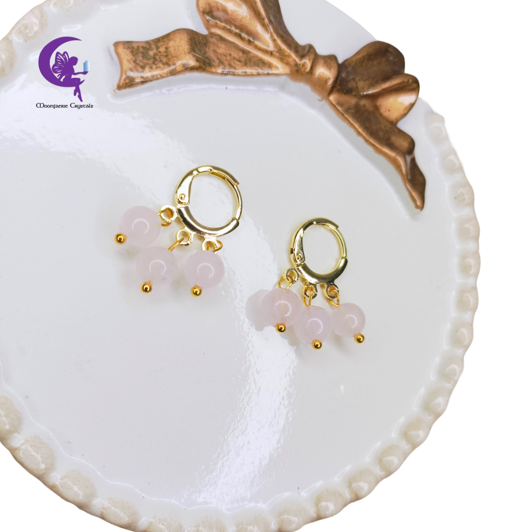 Triple Rose Quartz Leverback Earrings — 3x Unconditional Love, Emotional Healing, and Inner Peace