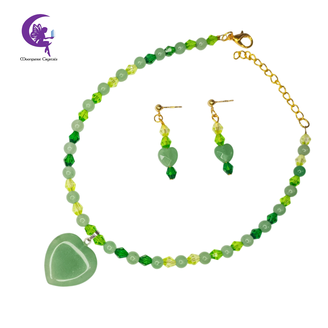 Fairy Glow Ombre Heart Choker Jewelry Set Collection – Rose Quartz & Green Aventurine