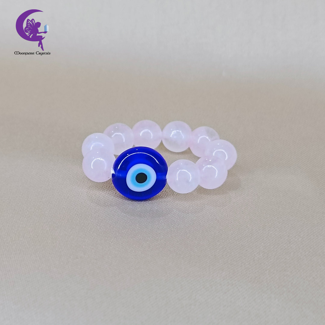Evil Eye Rose Quartz Beaded Ring – Protection, Love & Emotional Healing