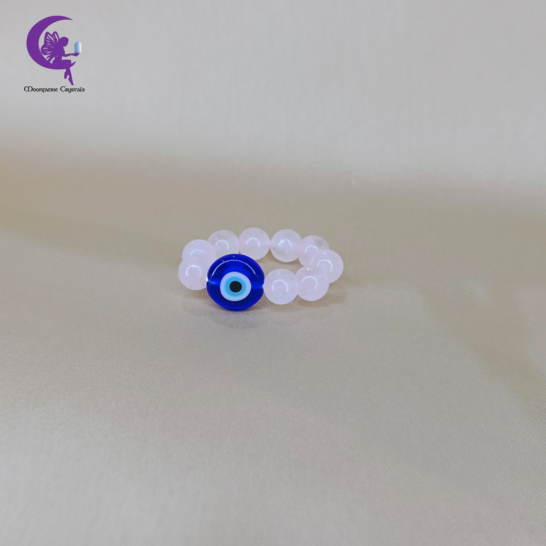 Evil Eye Rose Quartz Beaded Ring – Protection, Love & Emotional Healing