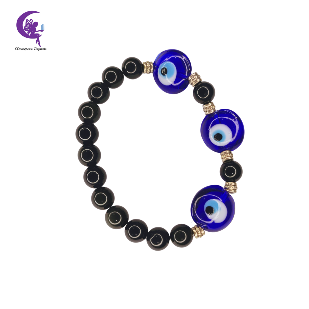 Black Obsidian Triple Lampwork Evil Eye Protection Bracelet