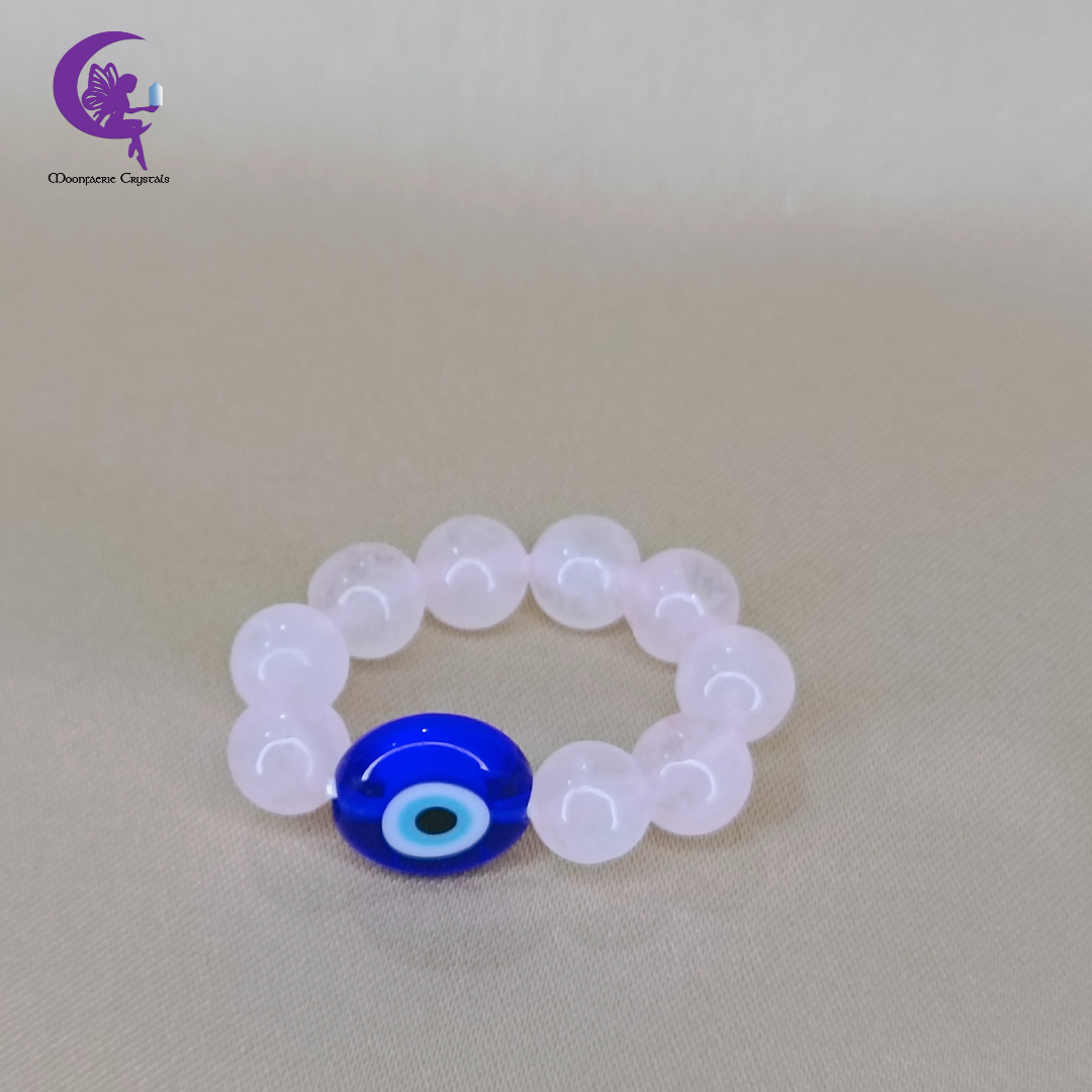 Evil Eye Rose Quartz Beaded Ring – Protection, Love & Emotional Healing