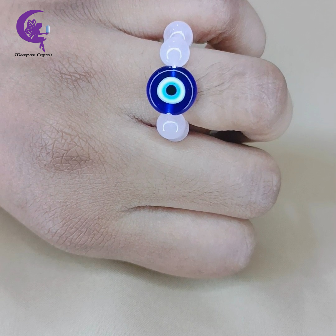 Evil Eye Rose Quartz Beaded Ring – Protection, Love & Emotional Healing