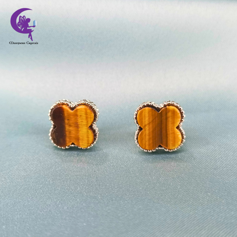 Four Leaf Clover Tiger’s Eye Stud Earrings