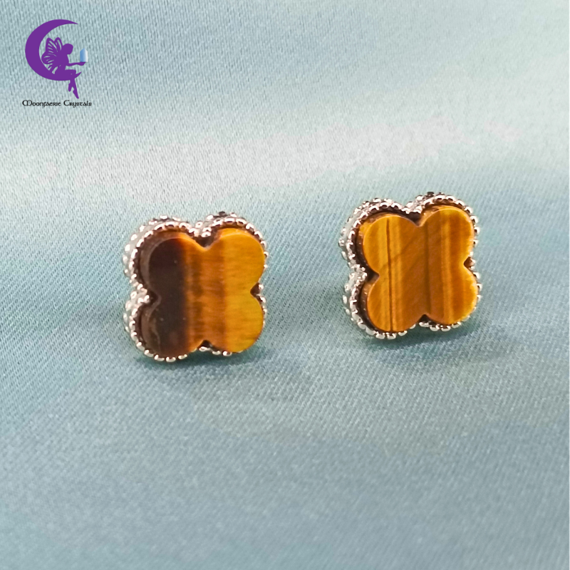 Four Leaf Clover Tiger’s Eye Stud Earrings