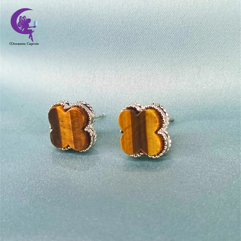 Four Leaf Clover Tiger’s Eye Stud Earrings
