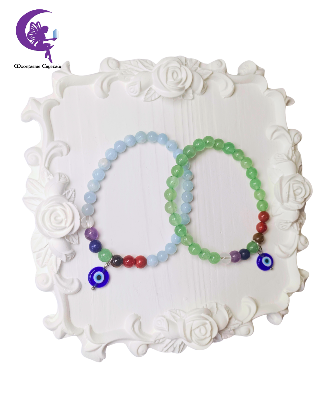 7 Chakra Evil Eye Bracelet: Aquamarine & Green Aventurine Protection Series