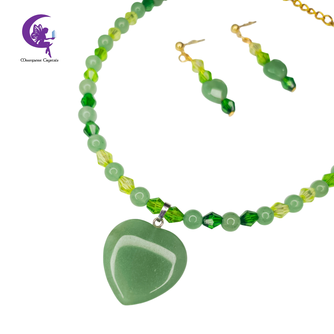 Fairy Glow Ombre Heart Choker Jewelry Set Collection – Rose Quartz & Green Aventurine
