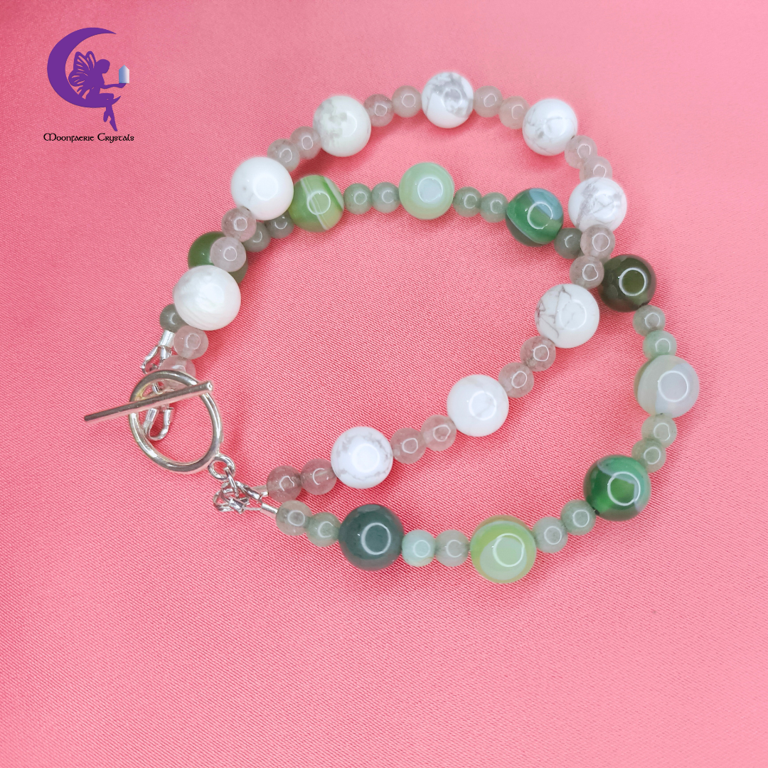 Snow Mountain & Tranquil Forest Duo Bracelet - Howlite & Green Agate