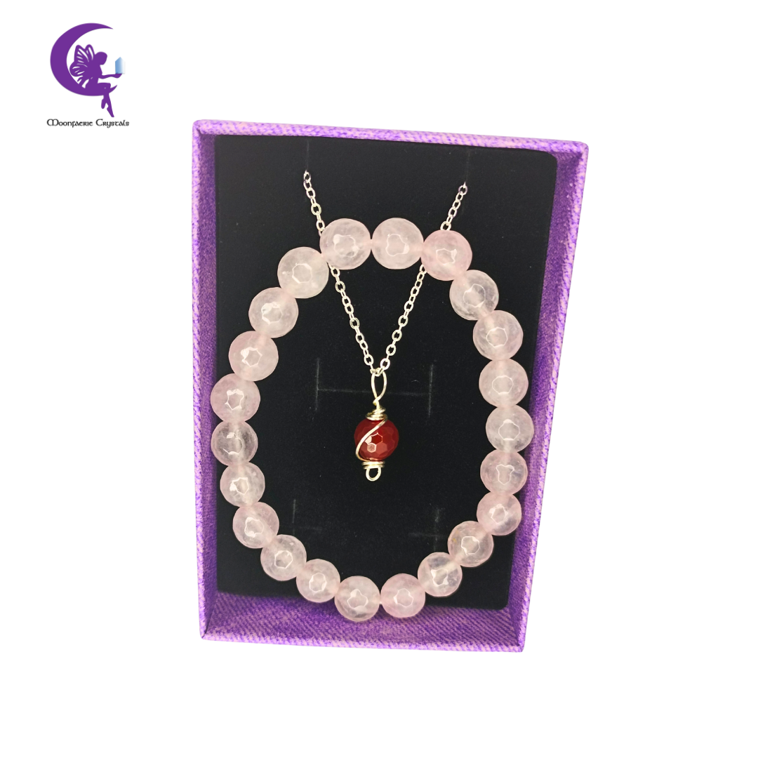 Filled with Love, Fueled by Fire - Faceted Rose Quartz Bracelet & Faceted Carnelian Necklace Jewelry Set