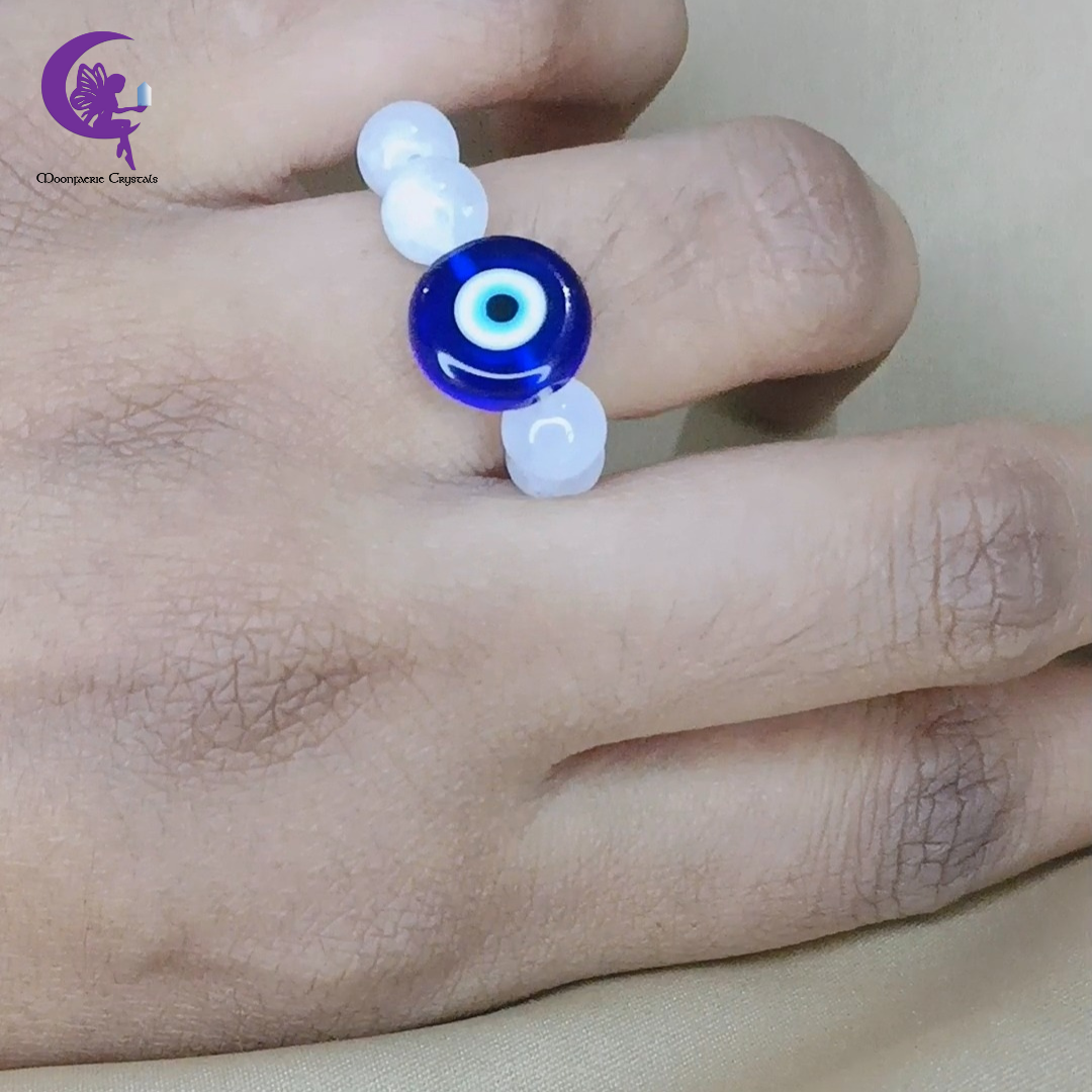 Evil Eye Moonstone Beaded Ring – Protection, Intuition & Divine Energy