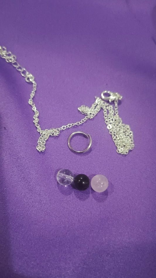 Clear Quartz, Rose Quartz & Black Obsidian Necklace with Silver Necklace