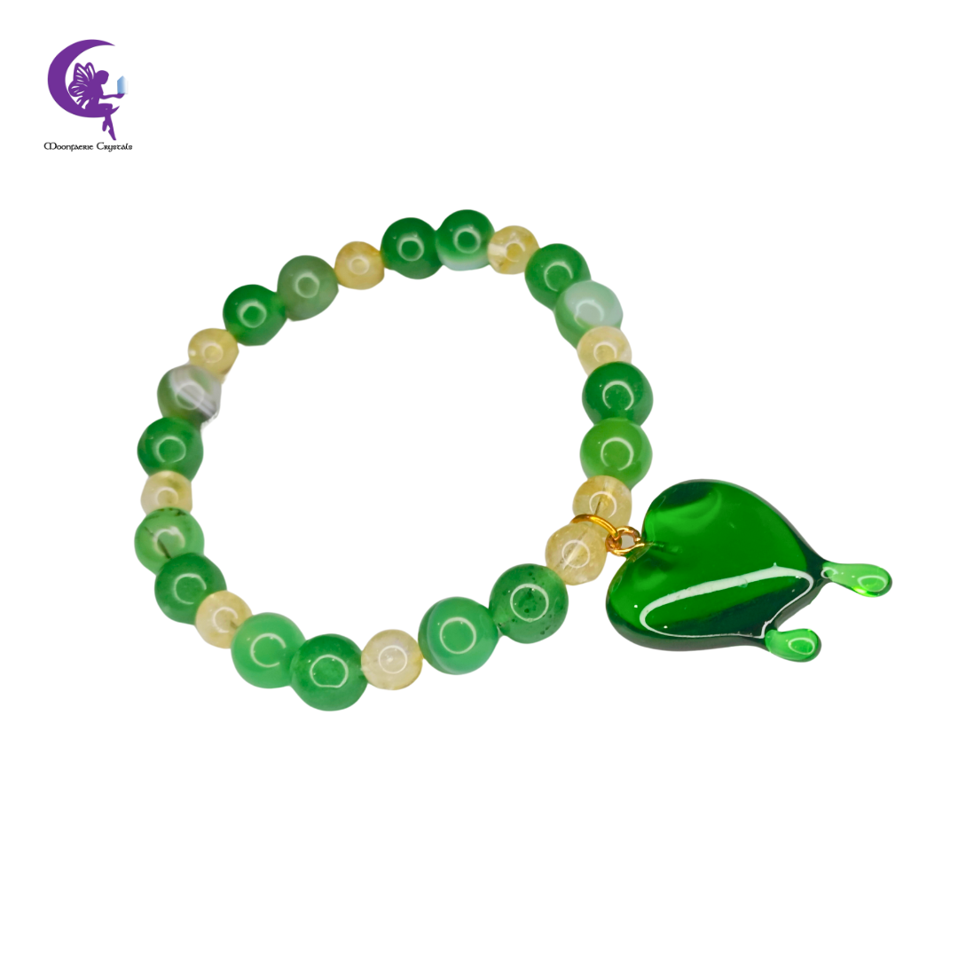 Triple Abundance Bracelet - Green Aventurine, Green Agate & Citrine with Green Heart Drip Charm