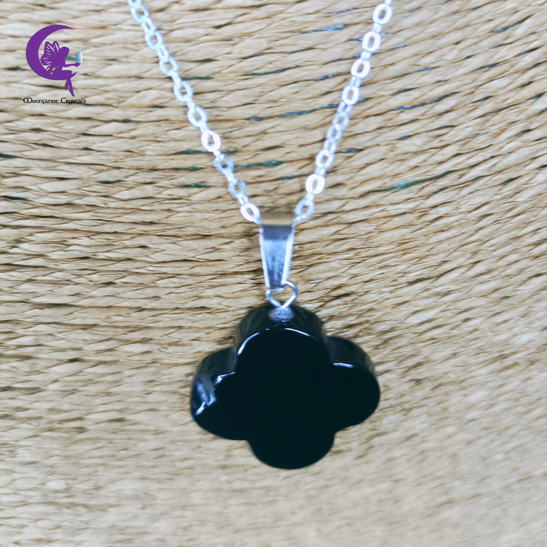 Black Obsidian Four Leaf Clover Necklace