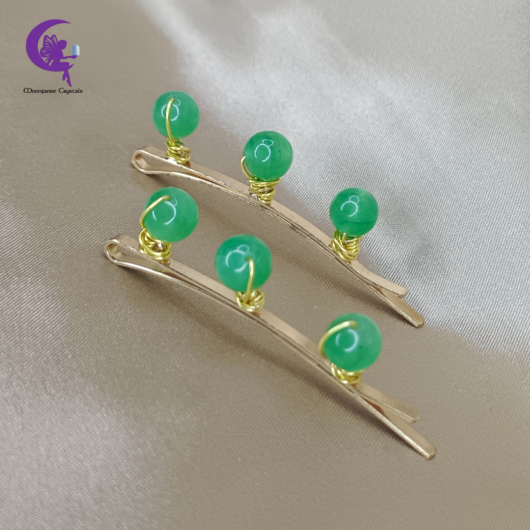 Green Aventurine Gemstone Beads Light Gold Hair Pins: Premium High-Vibrational Hair Accessories