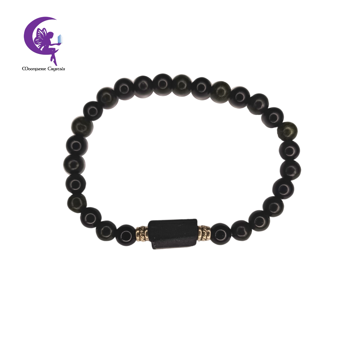 Triple Protection Power: Black Obsidian, Serpentine, and Raw Black Tourmaline Bracelet