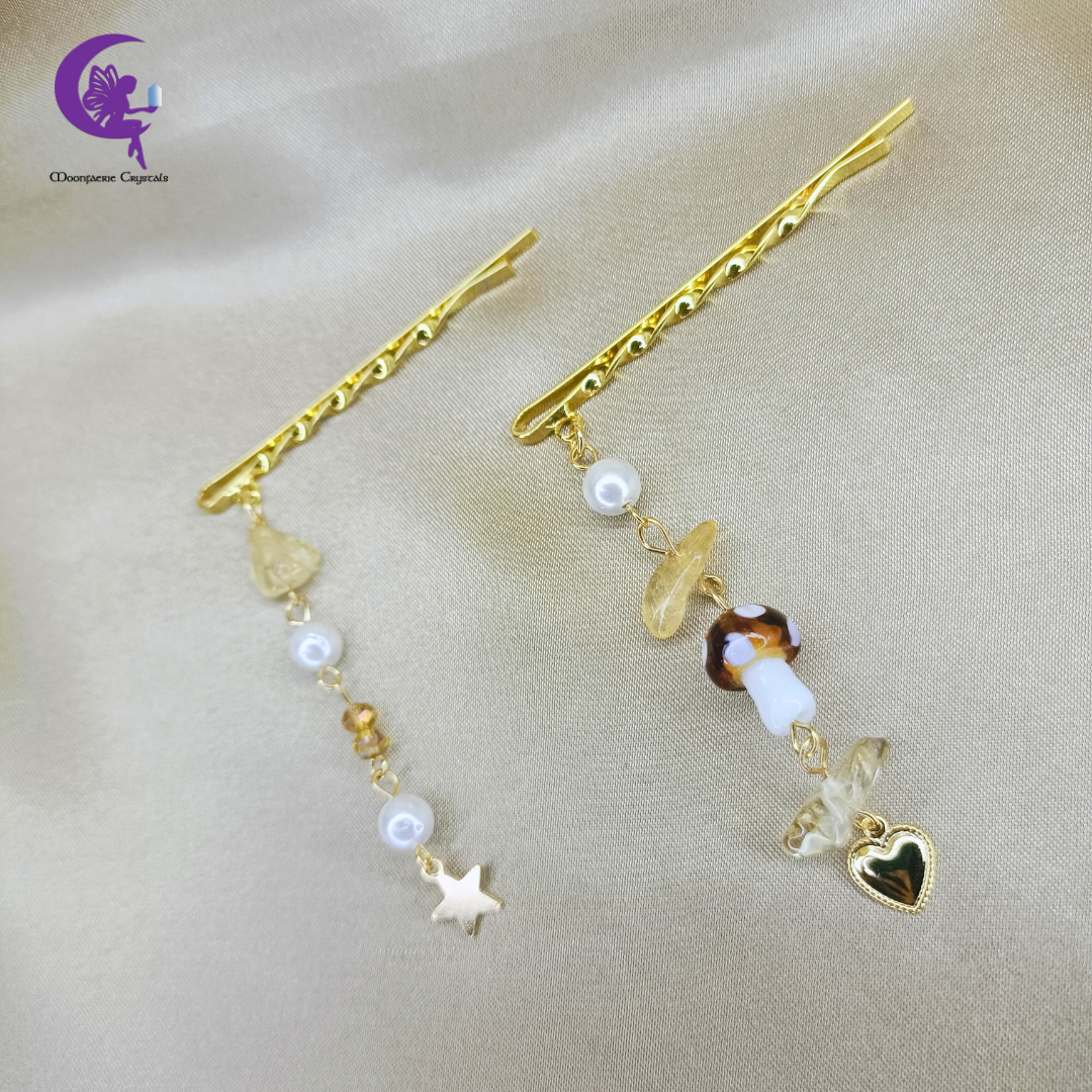 Twinkling Fairy Mushroom Gemstone Hair Pins -  Gold Rutilated Quartz