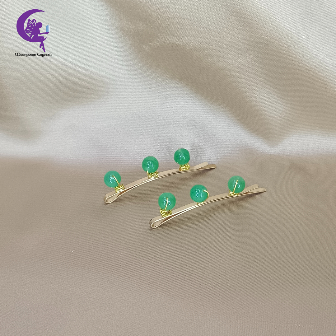 Green Aventurine Gemstone Beads Light Gold Hair Pins: Premium High-Vibrational Hair Accessories