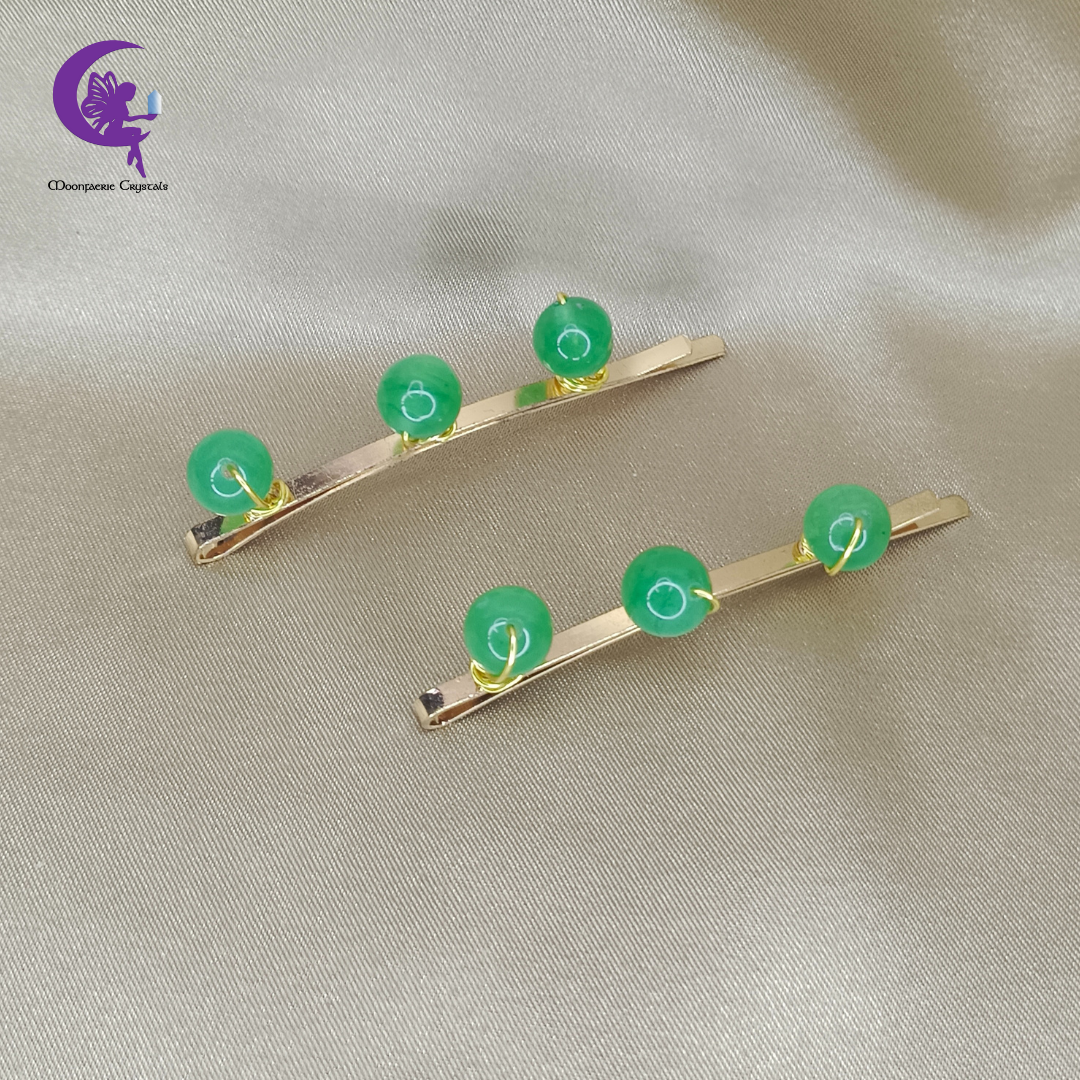 Green Aventurine Gemstone Beads Light Gold Hair Pins: Premium High-Vibrational Hair Accessories