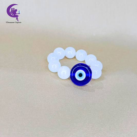 Evil Eye Moonstone Beaded Ring – Protection, Intuition & Divine Energy