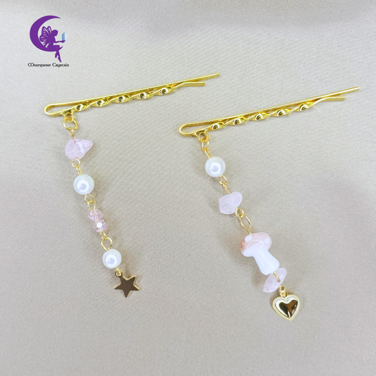 Twinkling Fairy Mushroom Gemstone Hair Pins - Rose Quartz