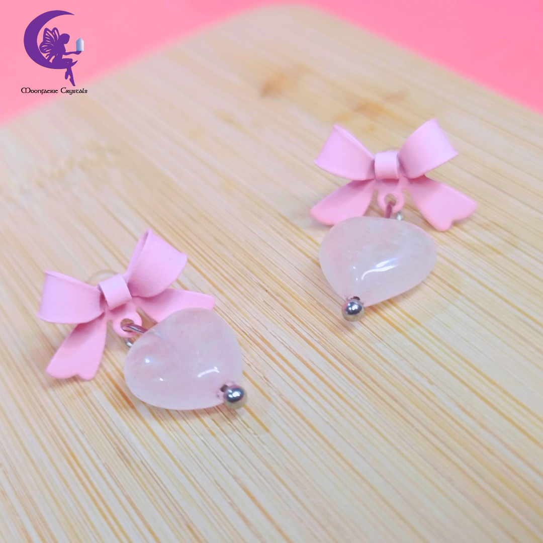 Rose Quartz Bowknot Heart Earrings