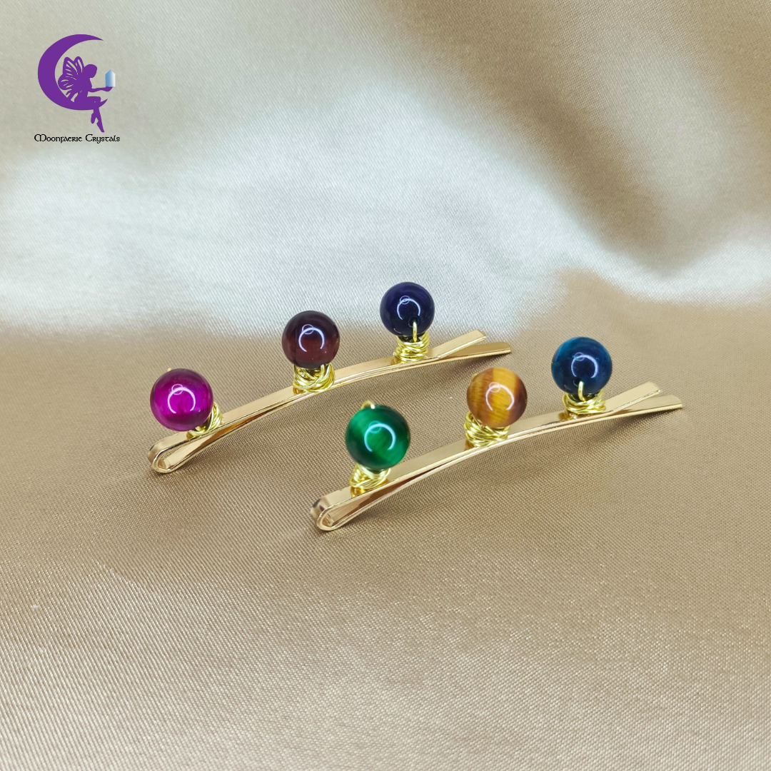 Colorful Tiger's Eye Gemstone Beads Light Gold Hair Pins: Premium High-Vibrational Hair Accessories