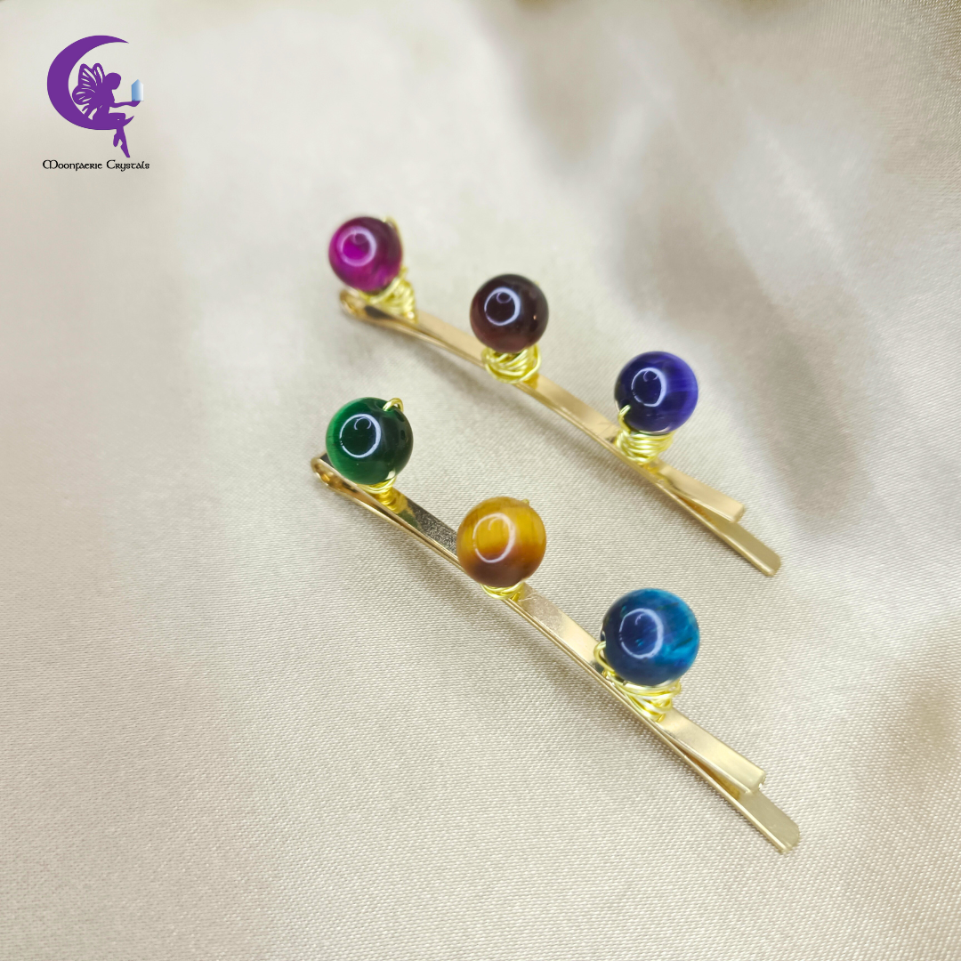 Colorful Tiger's Eye Gemstone Beads Light Gold Hair Pins: Premium High-Vibrational Hair Accessories