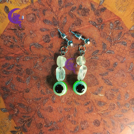 Prehnite + Light Green Evil Eye Earrings