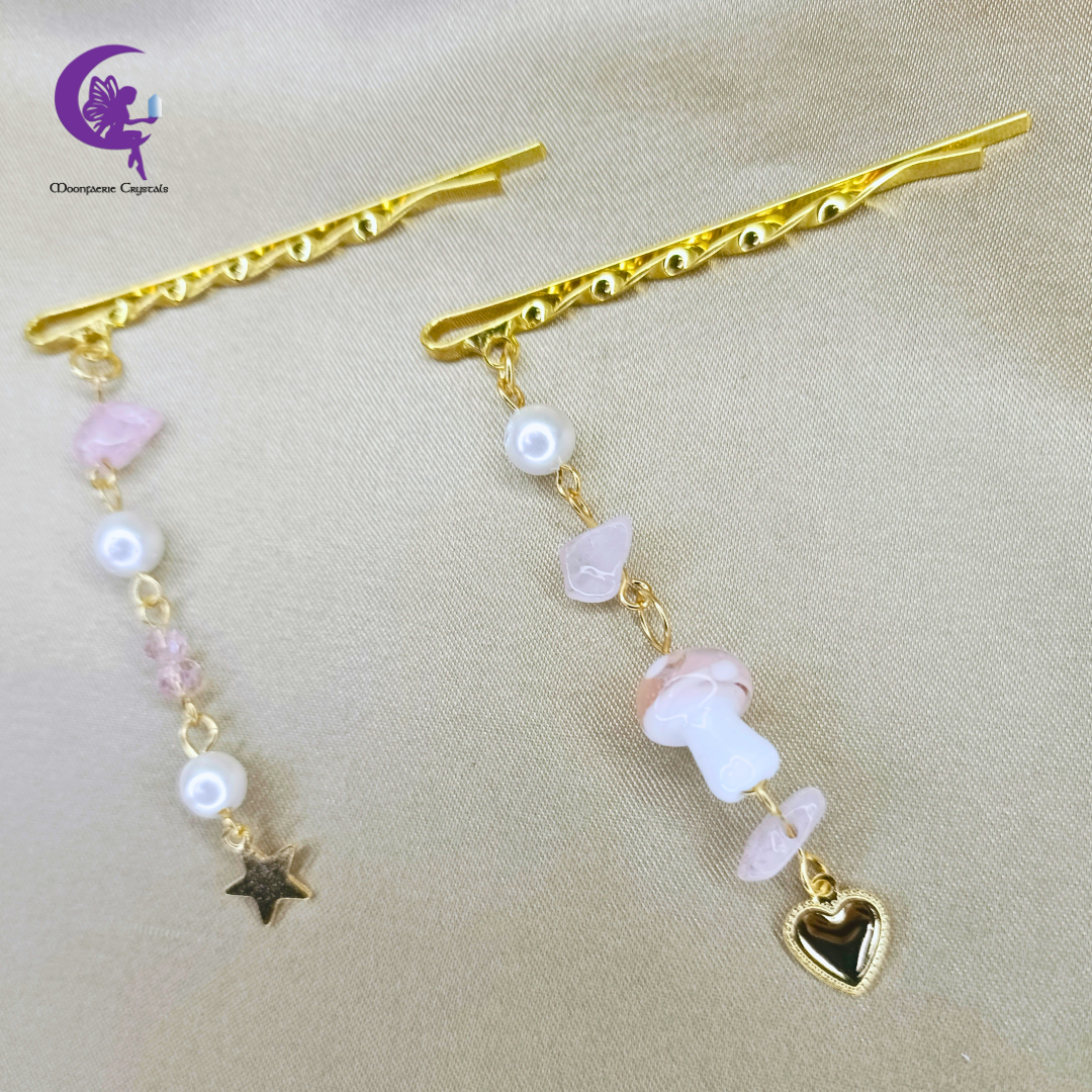 Twinkling Fairy Mushroom Gemstone Hair Pins - Rose Quartz