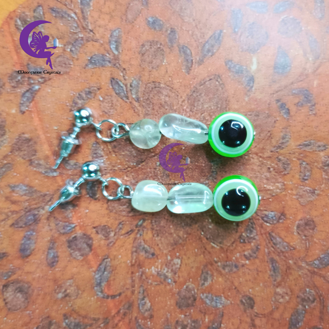 Prehnite + Light Green Evil Eye Earrings