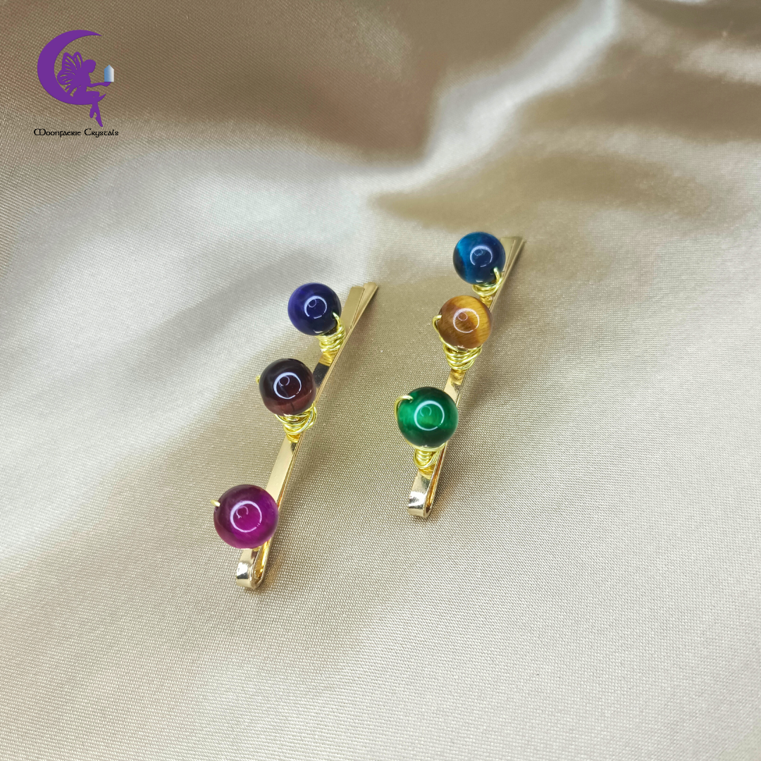 Colorful Tiger's Eye Gemstone Beads Light Gold Hair Pins: Premium High-Vibrational Hair Accessories