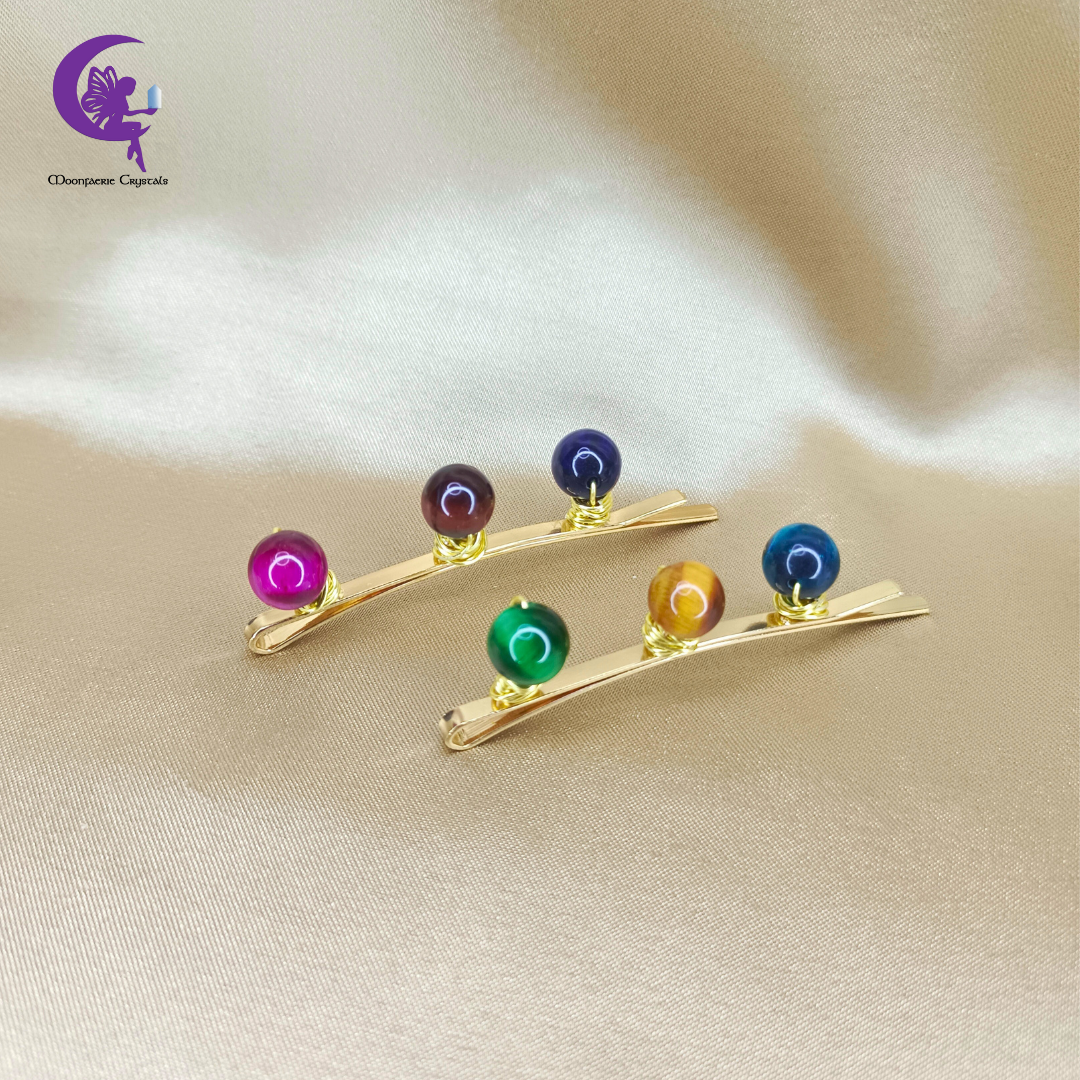 Colorful Tiger's Eye Gemstone Beads Light Gold Hair Pins: Premium High-Vibrational Hair Accessories