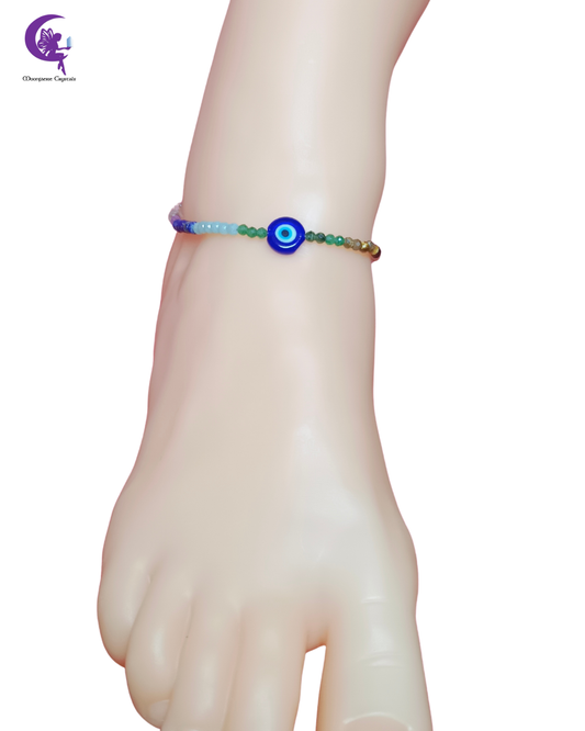 Evil Eye 7 Chakra Sparkly Anklet 🧿-Natural Tiger Eye, Amethyst, Amazonite, Lapis Lazuli, Sunstone, Ruby & Fuchsite