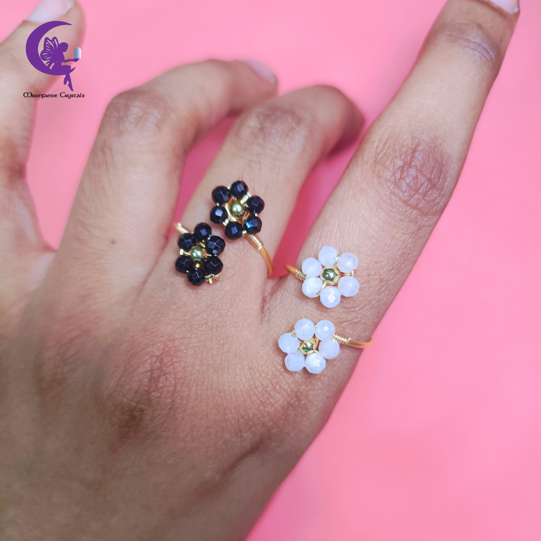 Yin & Yang Flower Rings Set 🌸 - Moonstone & Black Spinel