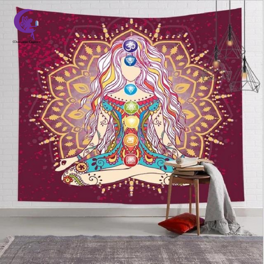 Spiritual Woman Meditating 7 Chakra Tapestry