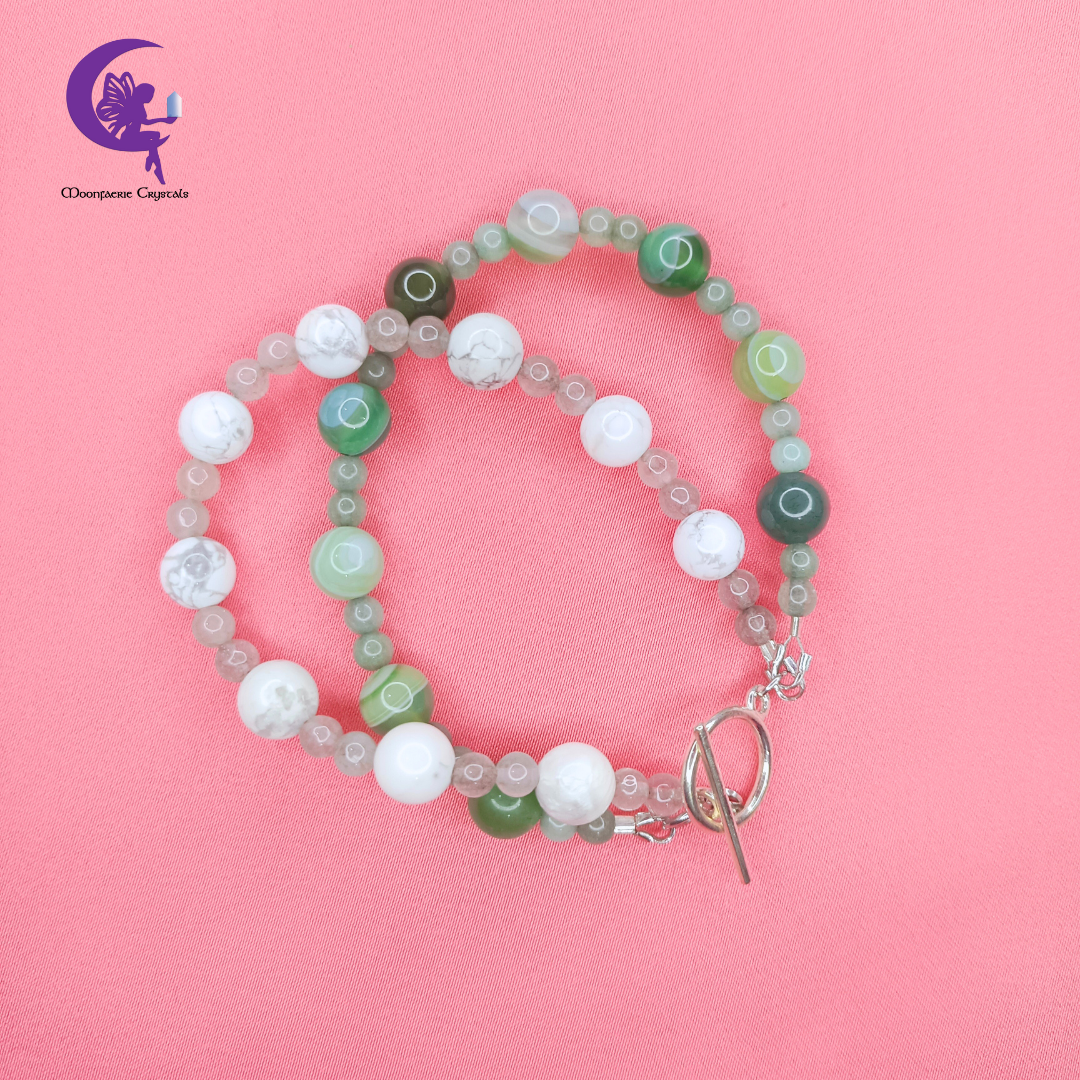 Snow Mountain & Tranquil Forest Duo Bracelet - Howlite & Green Agate
