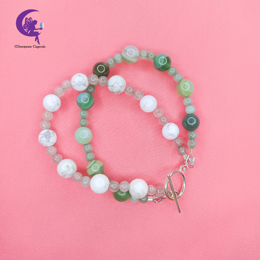 Snow Mountain & Tranquil Forest Duo Bracelet - Howlite & Green Agate