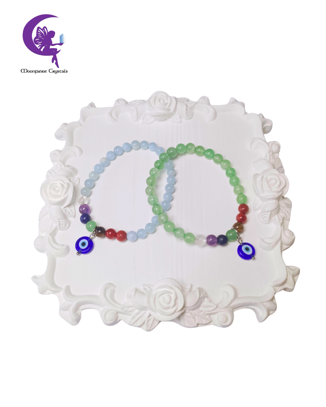 7 Chakra Evil Eye Bracelet: Aquamarine & Green Aventurine Protection Series