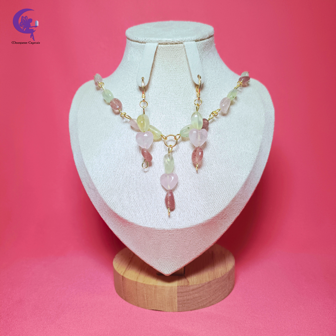 Heart of Serenity: Blossoming Love & Healing Jewelry Set - Rose Quartz, Strawberry Quartz & Prehnite