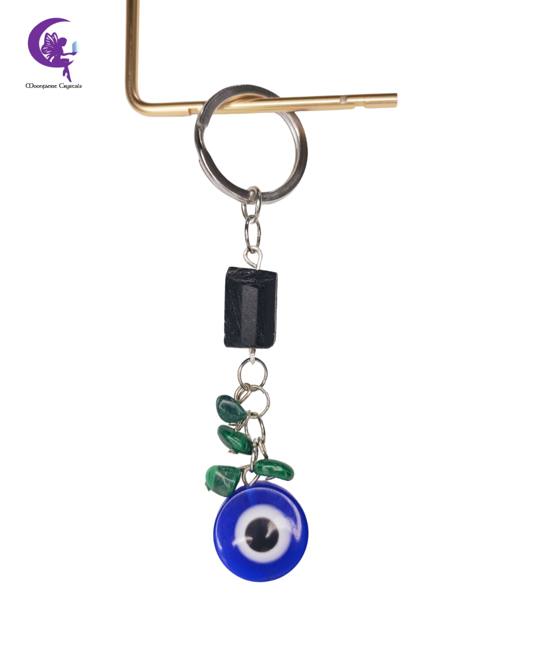 Tri-Stone Guardian Keyring - Black Tourmaline, Malachite & Evil Eye