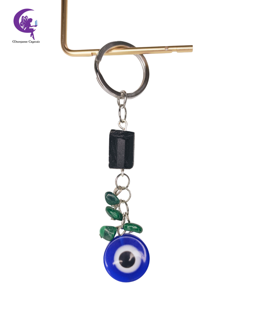 Tri-Stone Guardian Keyring - Black Tourmaline, Malachite & Evil Eye