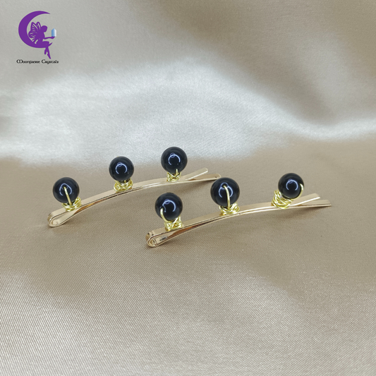 Black Obsidian Gemstone Beads Light Gold Hair Pins: Premium High-Vibrational Hair Accessories