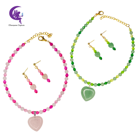 Fairy Glow Ombre Heart Choker Jewelry Set Collection  – Rose Quartz & Green Aventurine