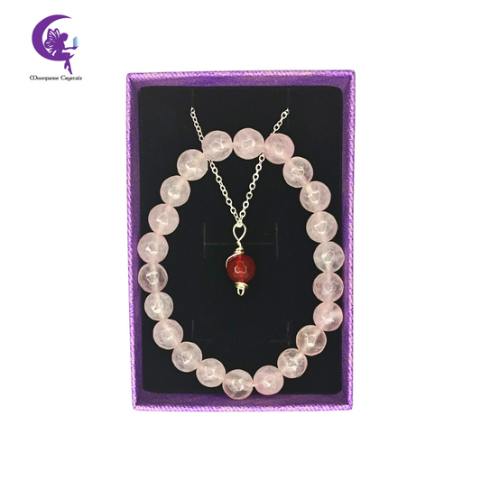 Filled with Love, Fueled by Fire - Faceted Rose Quartz Bracelet & Faceted Carnelian Necklace Jewelry Set