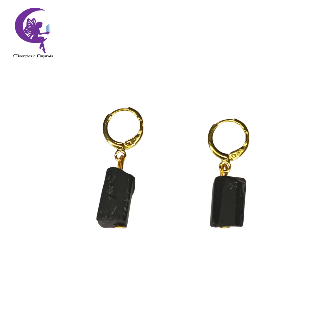 Raw Black Tourmaline Leverback Earrings